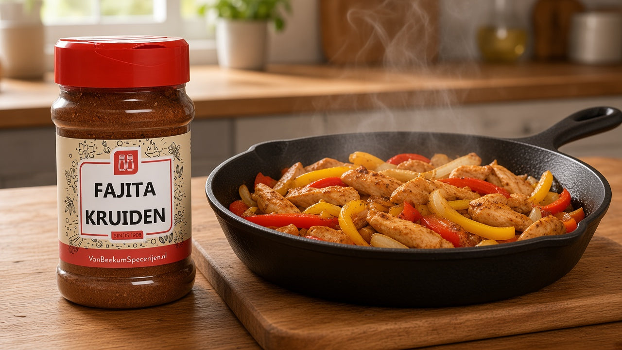 Pot Fajita Kruiden naast een pan met kip en paprika