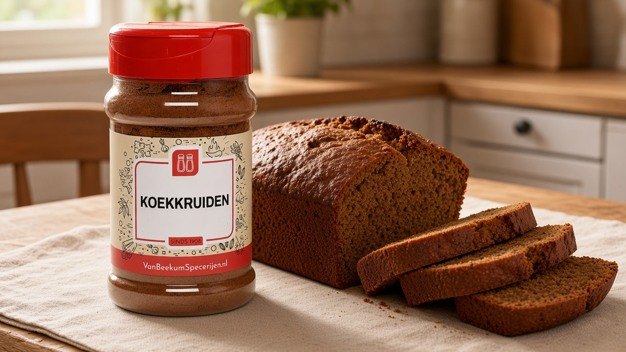 Pot Koekkruiden naast een gesneden kruidkoek