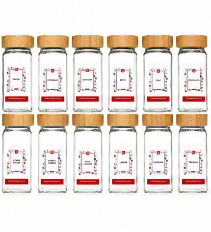 Van Beekum Specerijen Glazen Kruidenpotjes Met Stickers – 12 Stuks